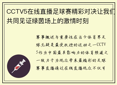 CCTV5在线直播足球赛精彩对决让我们共同见证绿茵场上的激情时刻