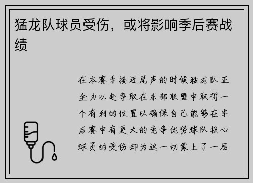猛龙队球员受伤，或将影响季后赛战绩