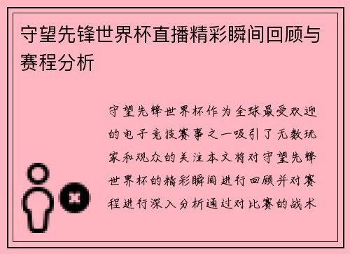 守望先锋世界杯直播精彩瞬间回顾与赛程分析
